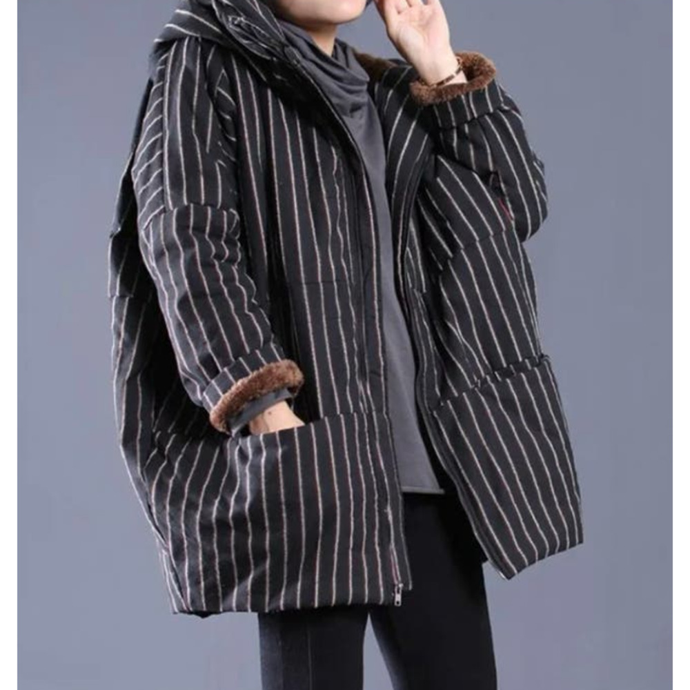 Women's Oversized Hooded Sherpa Lined Linen Blend Parka Black Striped